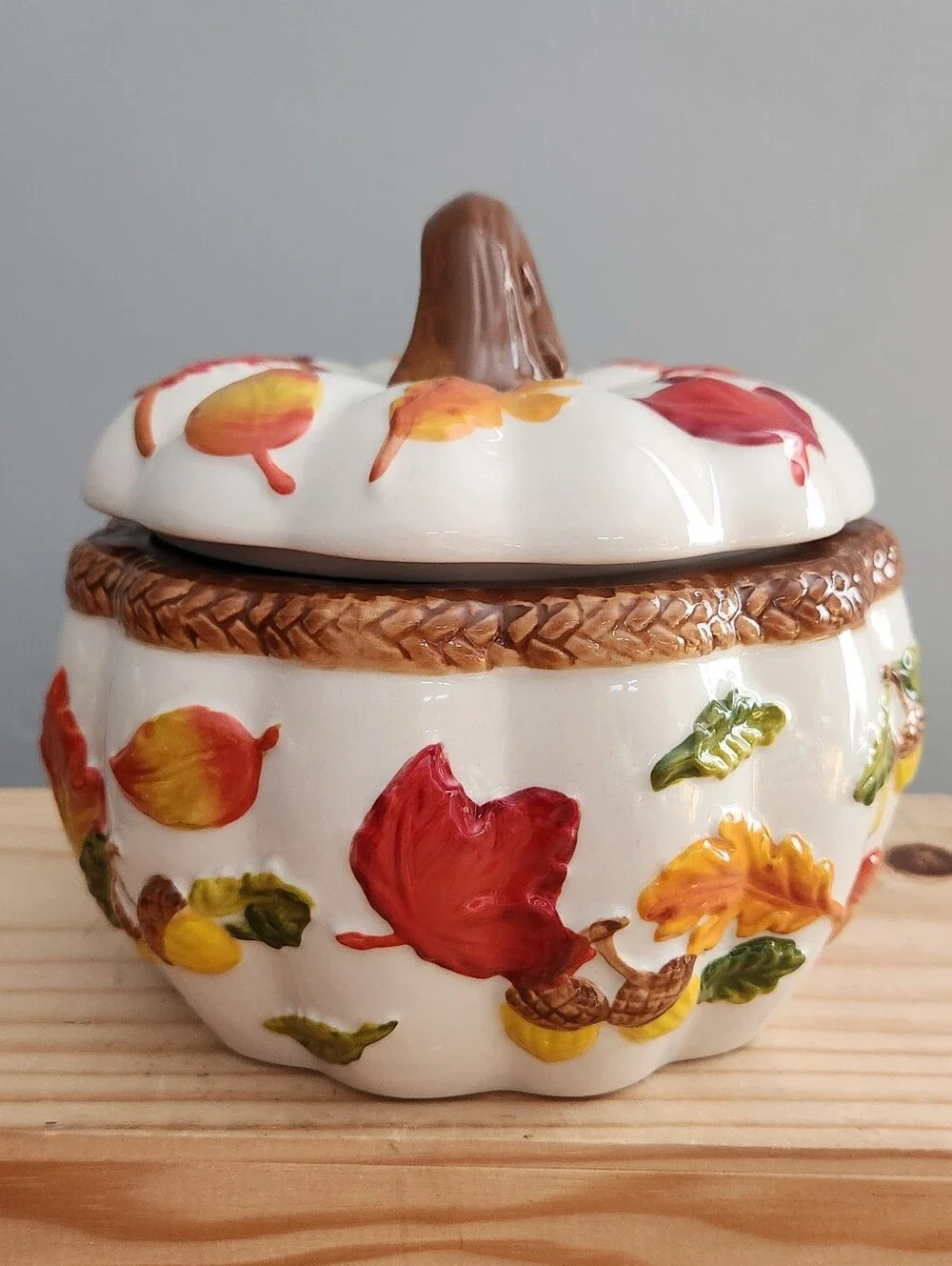 Autumn Fall Leaf Ceramic Pumpkin Shaped Covered Jar